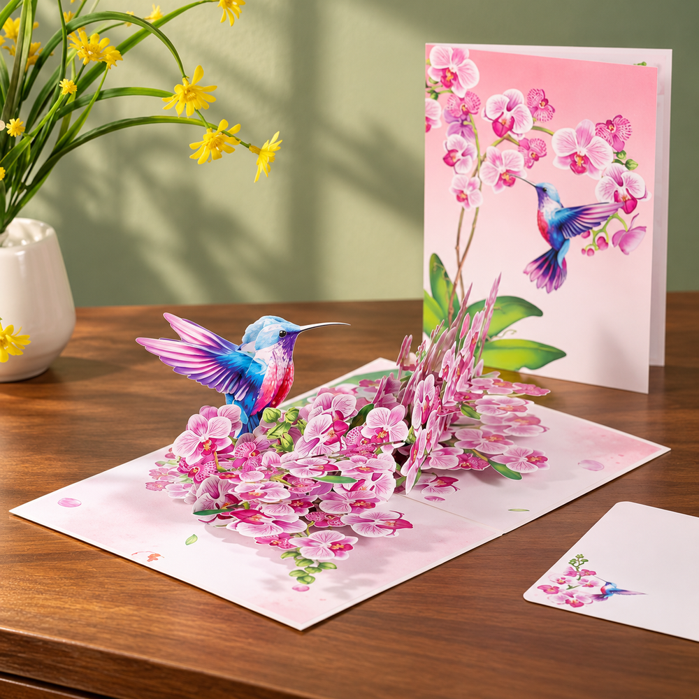 Soul of Papers - Hummingbird & Orchid 3D Pop-Up Card – Pink Orchid Card for Mom, Wife, Anniversary & Valentine’s Day