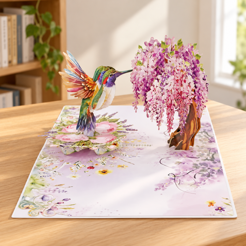 Soul of Papers - Hummingbird & Wisteria 3D Pop-Up Card – Floral Greeting Card for Mom, Birthday, Mother’s Day & Thinking of You