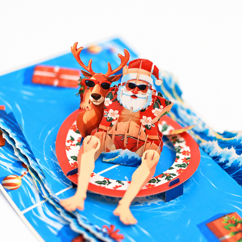 Tropical Santa & Reindeer Christmas Pop-Up Card