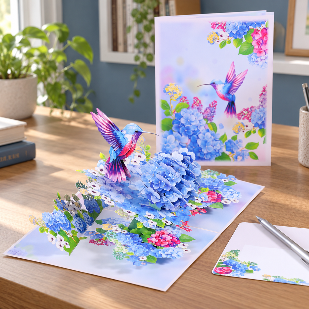 Soul of Papers - Hummingbird & Hydrangea 3D Pop-Up Card – Blue Floral Card for Mom, Birthday, Mother’s Day & Thank You