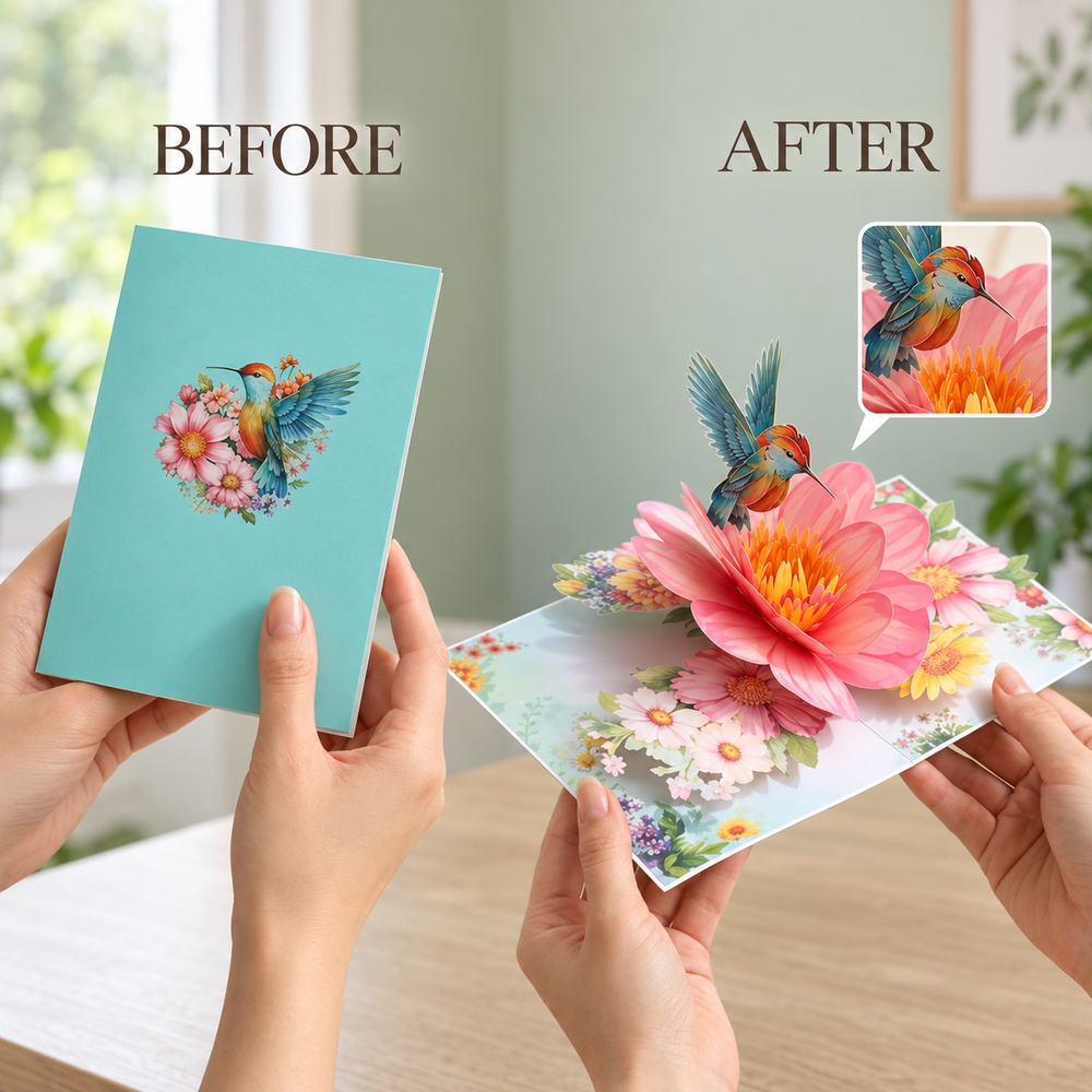 Soul of Papers - Hummingbird in Bloom 3D Pop-Up Card – Pink Flower Birthday Card for Her, Wife, Best Friend & Mom