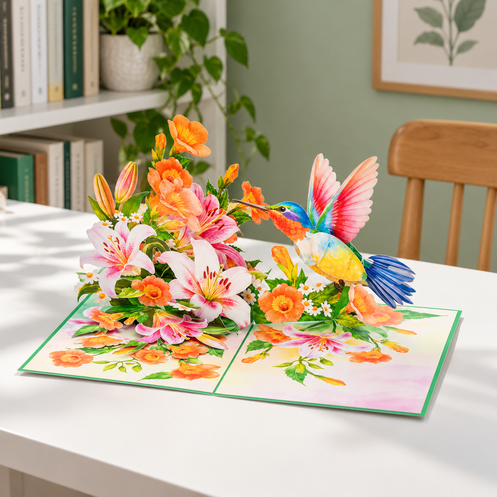 Soul of Papers - Hummingbird & Lilies 3D Pop-Up Card – Flower Greeting Card for Mom, Birthday, Mother’s Day & Get Well