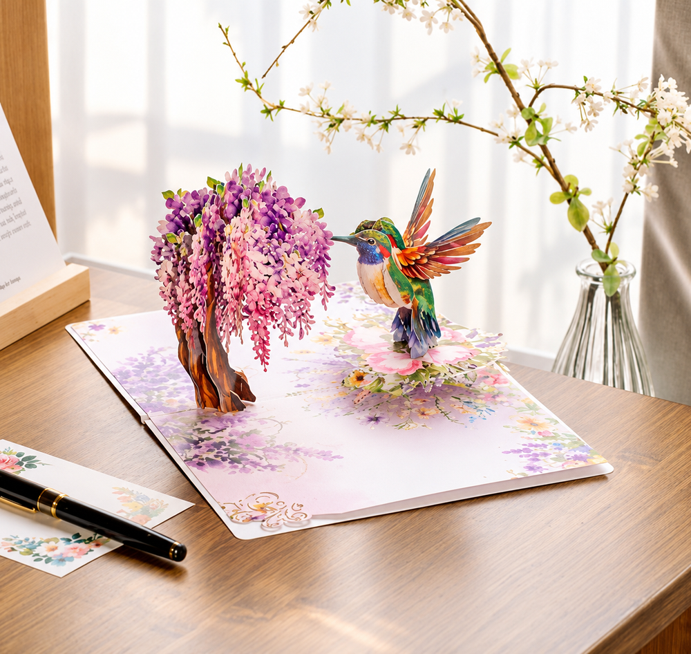 Soul of Papers - Hummingbird & Wisteria 3D Pop-Up Card – Floral Greeting Card for Mom, Birthday, Mother’s Day & Thinking of You