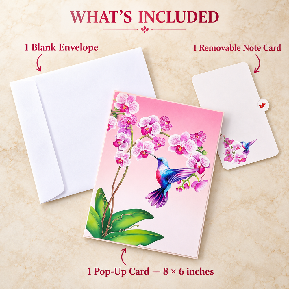 Soul of Papers - Hummingbird & Orchid 3D Pop-Up Card – Pink Orchid Card for Mom, Wife, Anniversary & Valentine’s Day