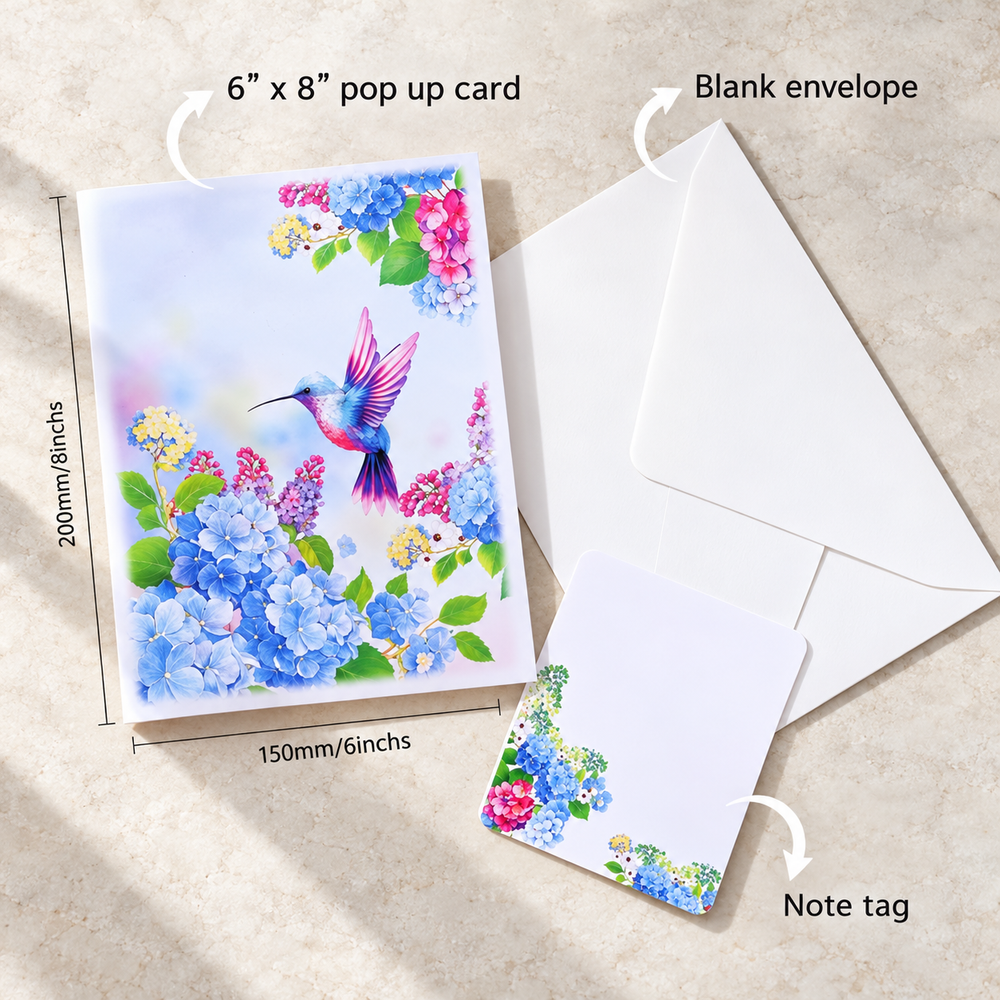 Soul of Papers - Hummingbird & Hydrangea 3D Pop-Up Card – Blue Floral Card for Mom, Birthday, Mother’s Day & Thank You