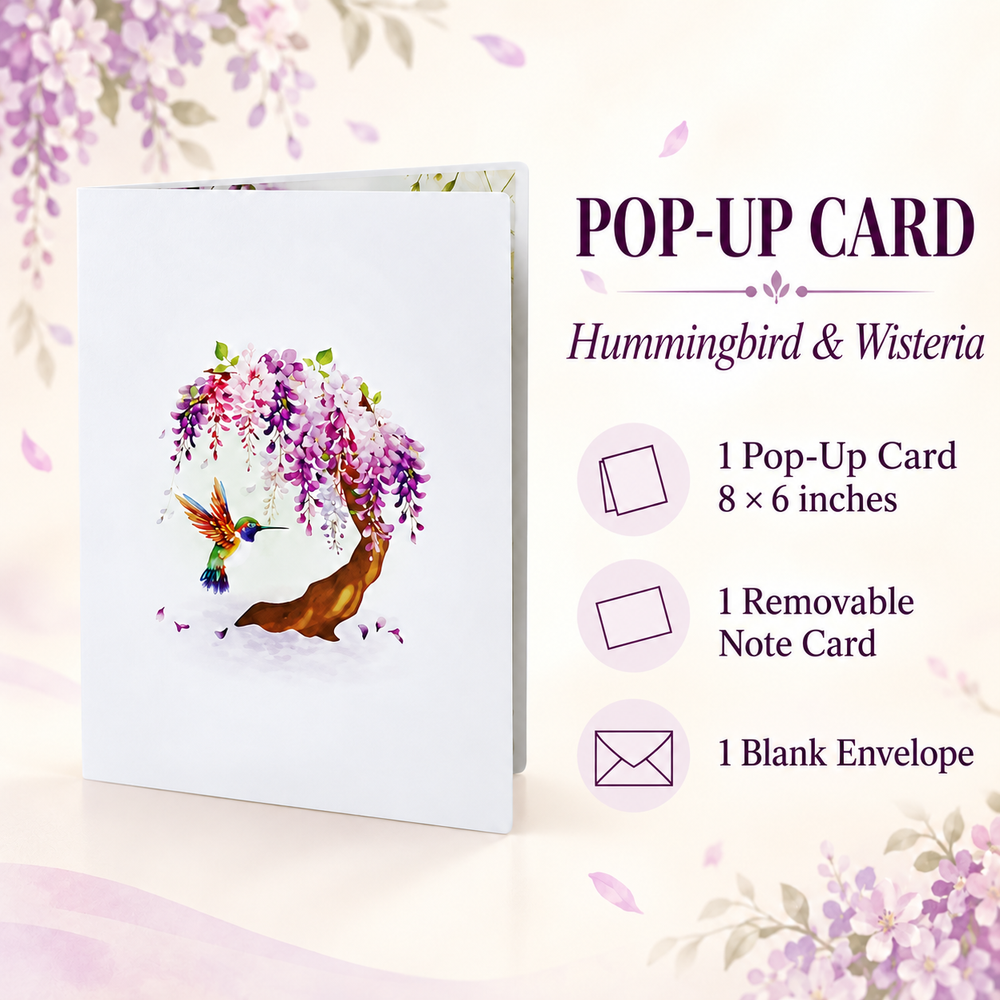 Soul of Papers - Hummingbird & Wisteria 3D Pop-Up Card – Floral Greeting Card for Mom, Birthday, Mother’s Day & Thinking of You