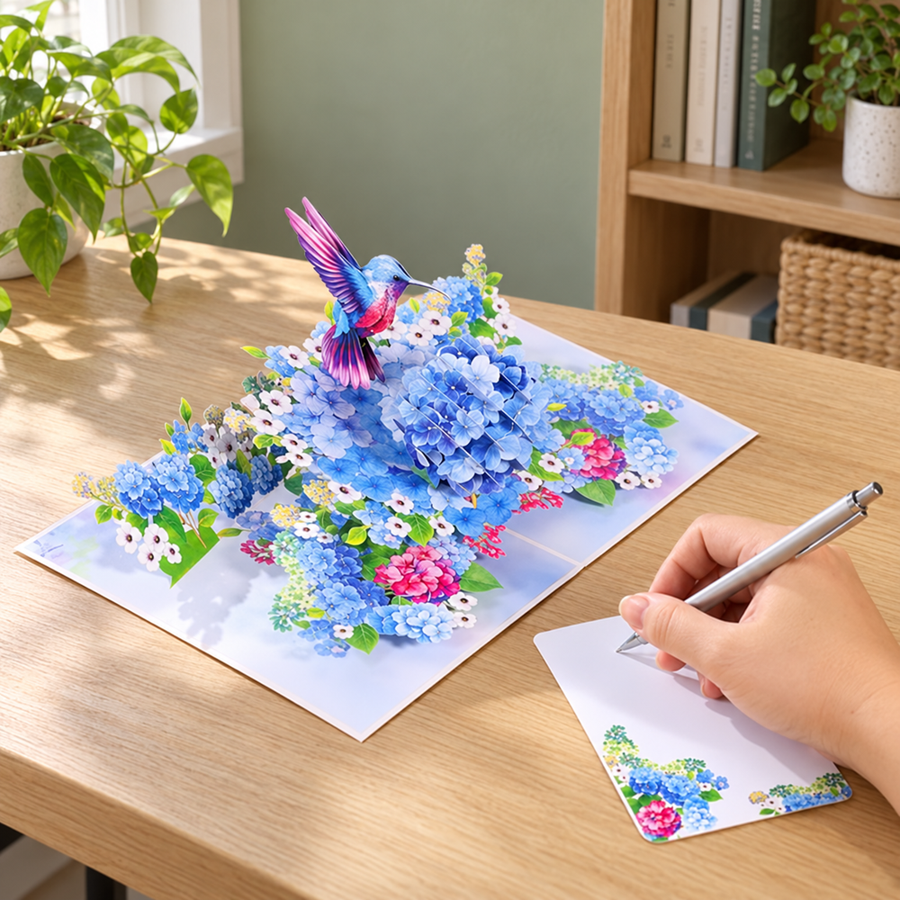 Soul of Papers - Hummingbird & Hydrangea 3D Pop-Up Card – Blue Floral Card for Mom, Birthday, Mother’s Day & Thank You