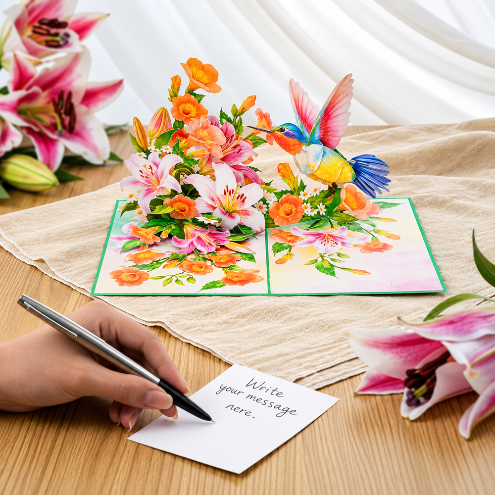 Soul of Papers - Hummingbird & Lilies 3D Pop-Up Card – Flower Greeting Card for Mom, Birthday, Mother’s Day & Get Well