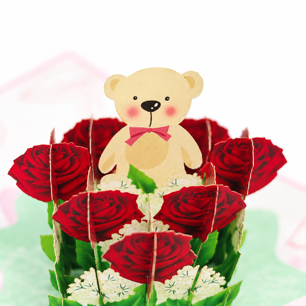 Teddy Bear & Red Roses Pop-Up Card – 3D Greeting Card & Memorable Anniversary Gift