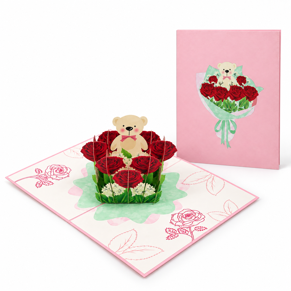 Teddy Bear & Red Roses Pop-Up Card – 3D Greeting Card & Memorable Anniversary Gift