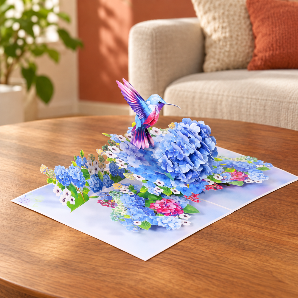 Soul of Papers - Hummingbird & Hydrangea 3D Pop-Up Card – Blue Floral Card for Mom, Birthday, Mother’s Day & Thank You