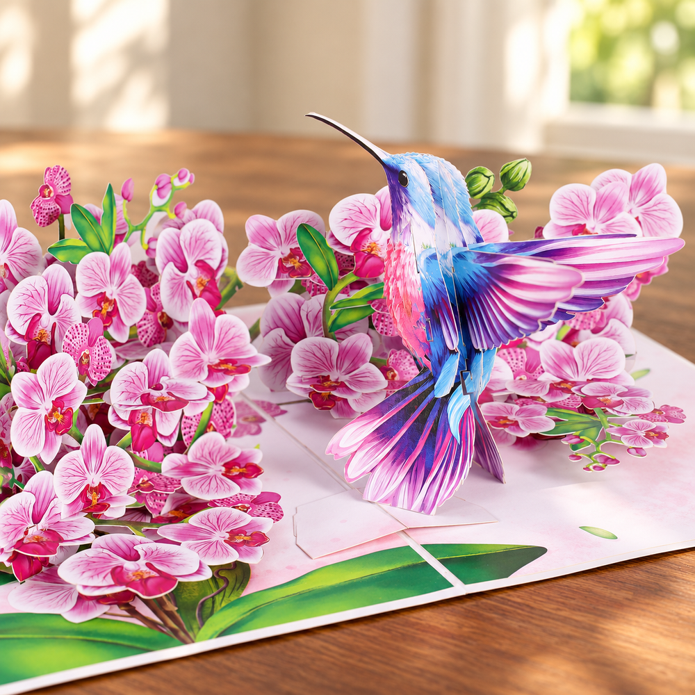 Soul of Papers - Hummingbird & Orchid 3D Pop-Up Card – Pink Orchid Card for Mom, Wife, Anniversary & Valentine’s Day