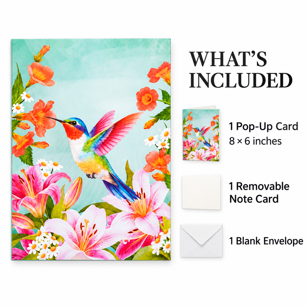 Soul of Papers - Hummingbird & Lilies 3D Pop-Up Card – Flower Greeting Card for Mom, Birthday, Mother’s Day & Get Well