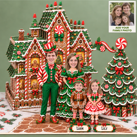 Personalized Christmas Family Pop-Up Card with Photos & Names – Gingerbread Candy Kingdom