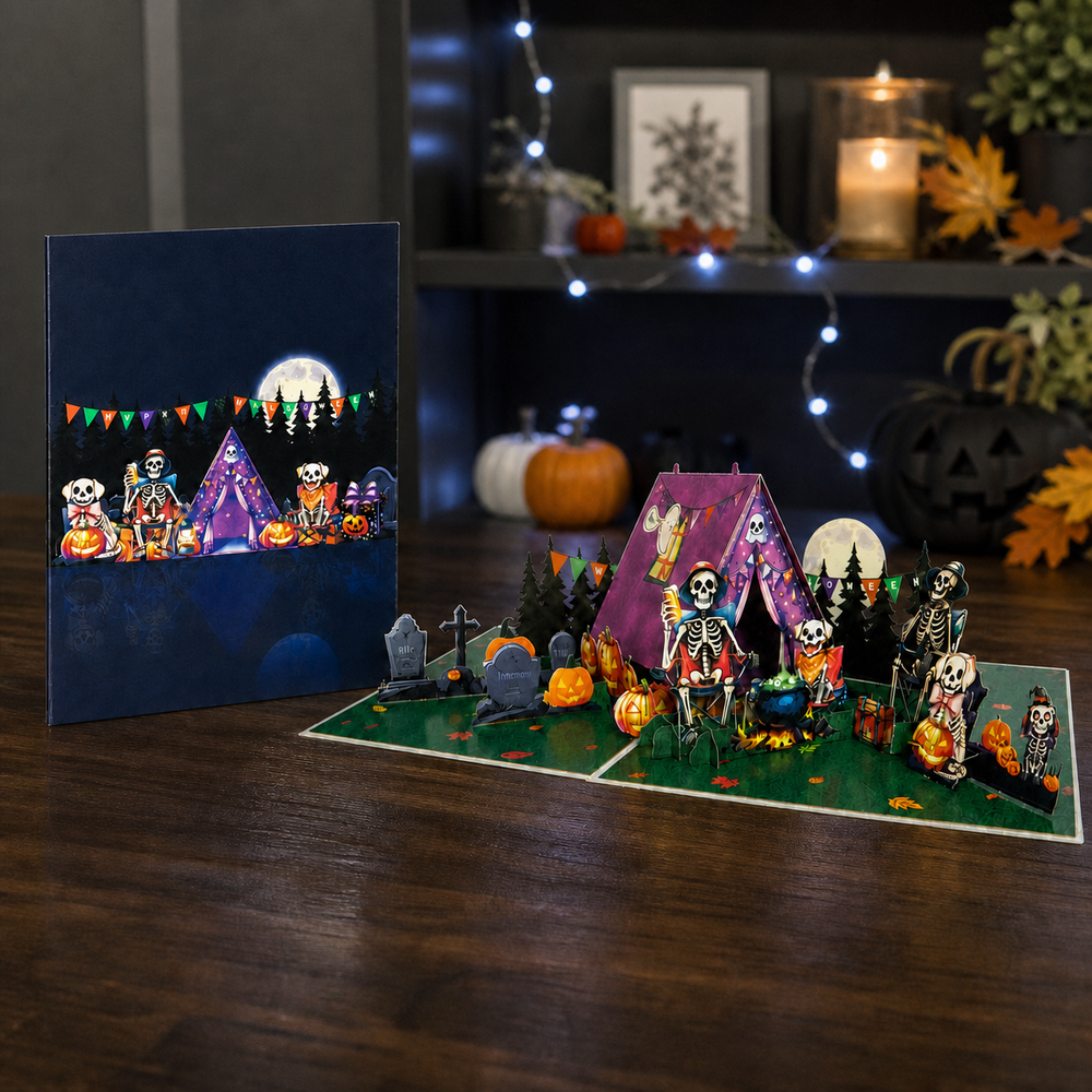 Skeleton Camping Halloween Pop-Up Card – 3D Spooky Greeting Card & Unique Halloween Gift