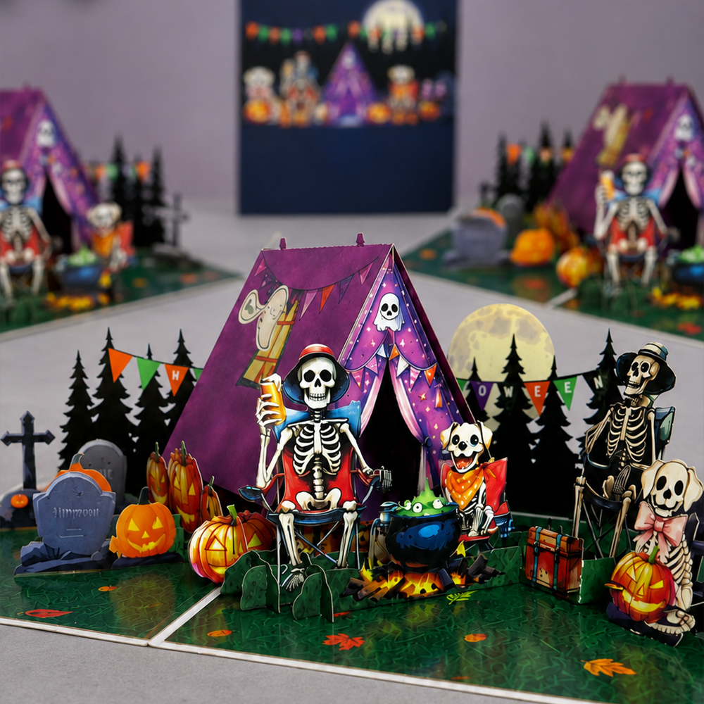 Skeleton Camping Halloween Pop-Up Card – 3D Spooky Greeting Card & Unique Halloween Gift