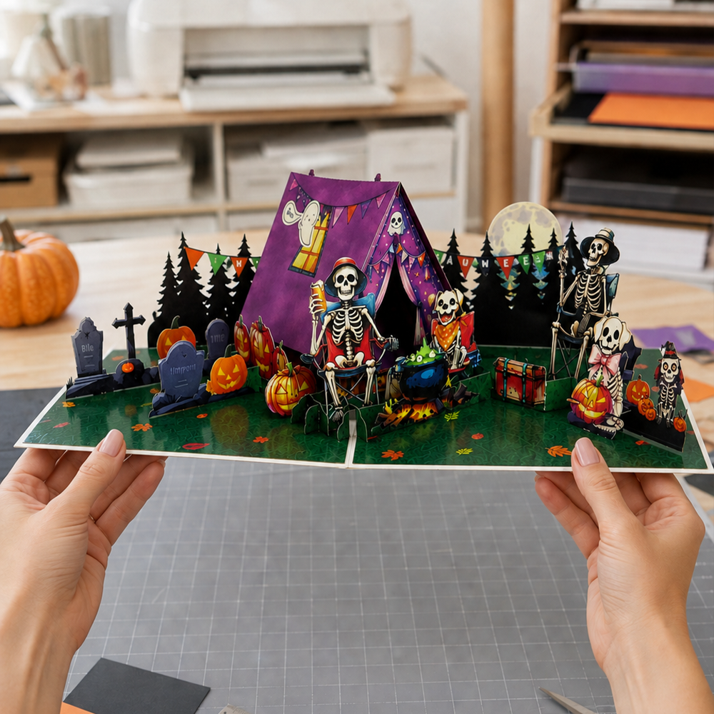 Skeleton Camping Halloween Pop-Up Card – 3D Spooky Greeting Card & Unique Halloween Gift