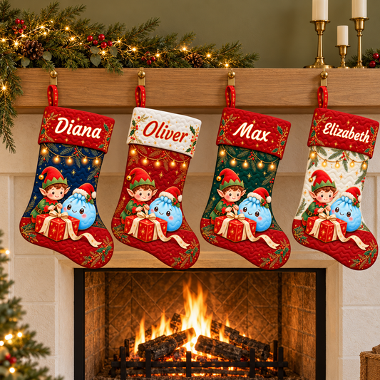 Squishy Friend & the Elf’s Big Christmas Gift Surprise - Custom Name Atelier Cloud-Quilted Christmas Stocking