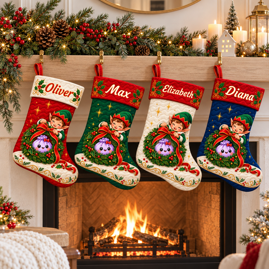 Squishy Friend & the Elf’s Merry Wreath - Personalized Atelier Cloud-Quilted Christmas Stocking