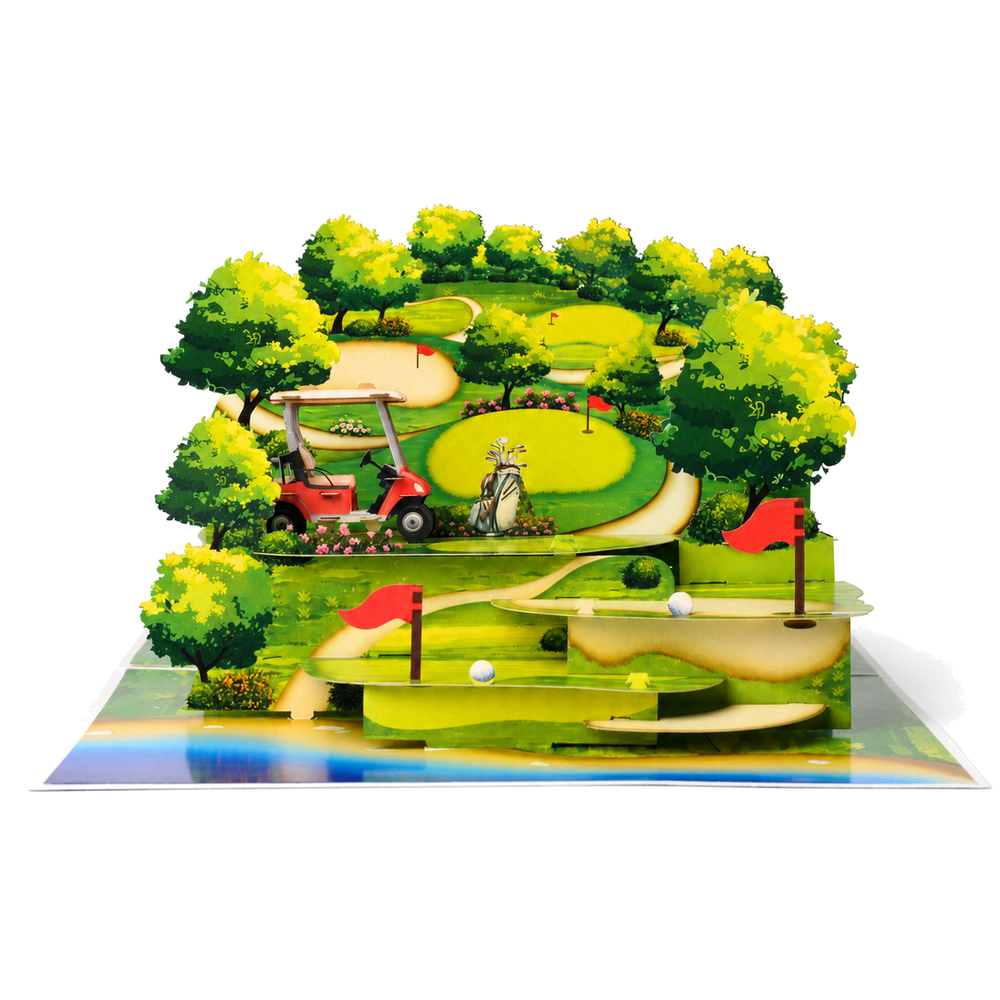 Golf Course 3D Pop Up Card - Golf Cart, Bunkers, and Flagstick Design