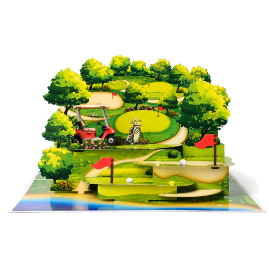 Golf Course 3D Pop Up Card - Golf Cart, Bunkers, and Flagstick Design