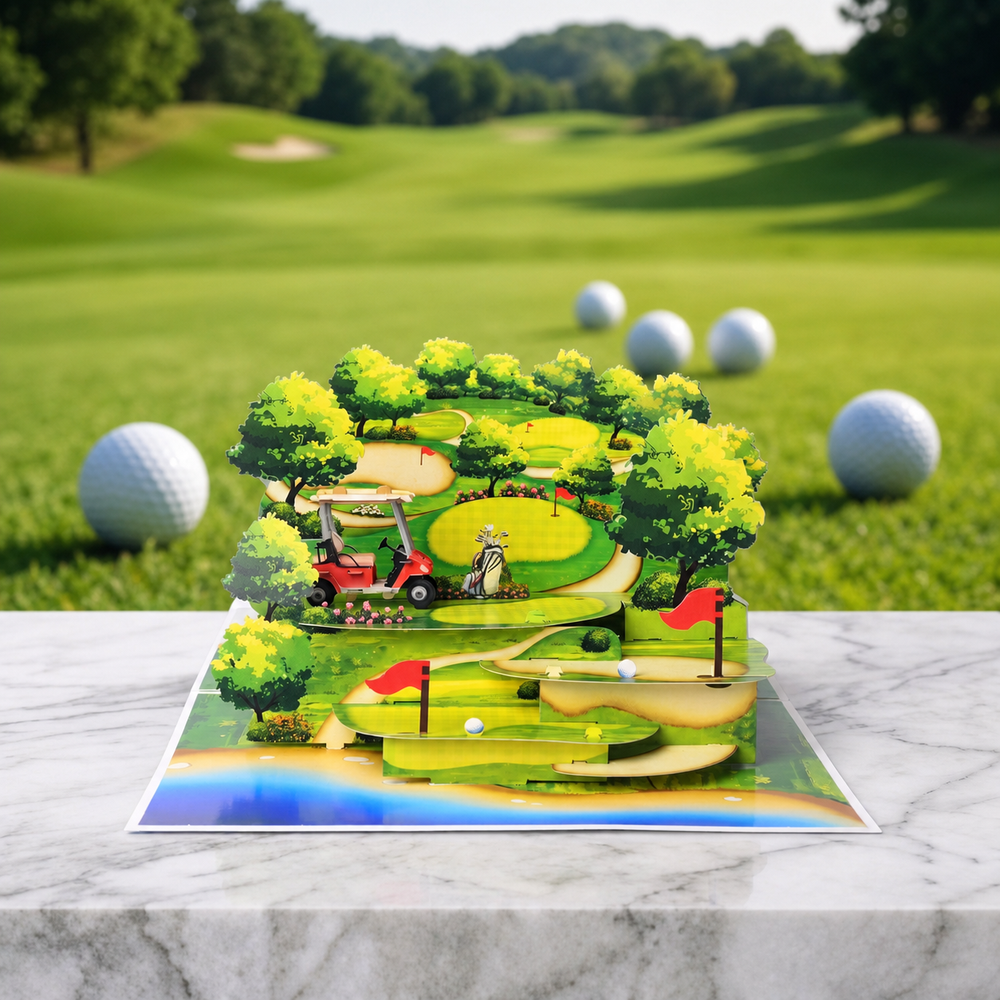 Golf Course 3D Pop Up Card - Golf Cart, Bunkers, and Flagstick Design