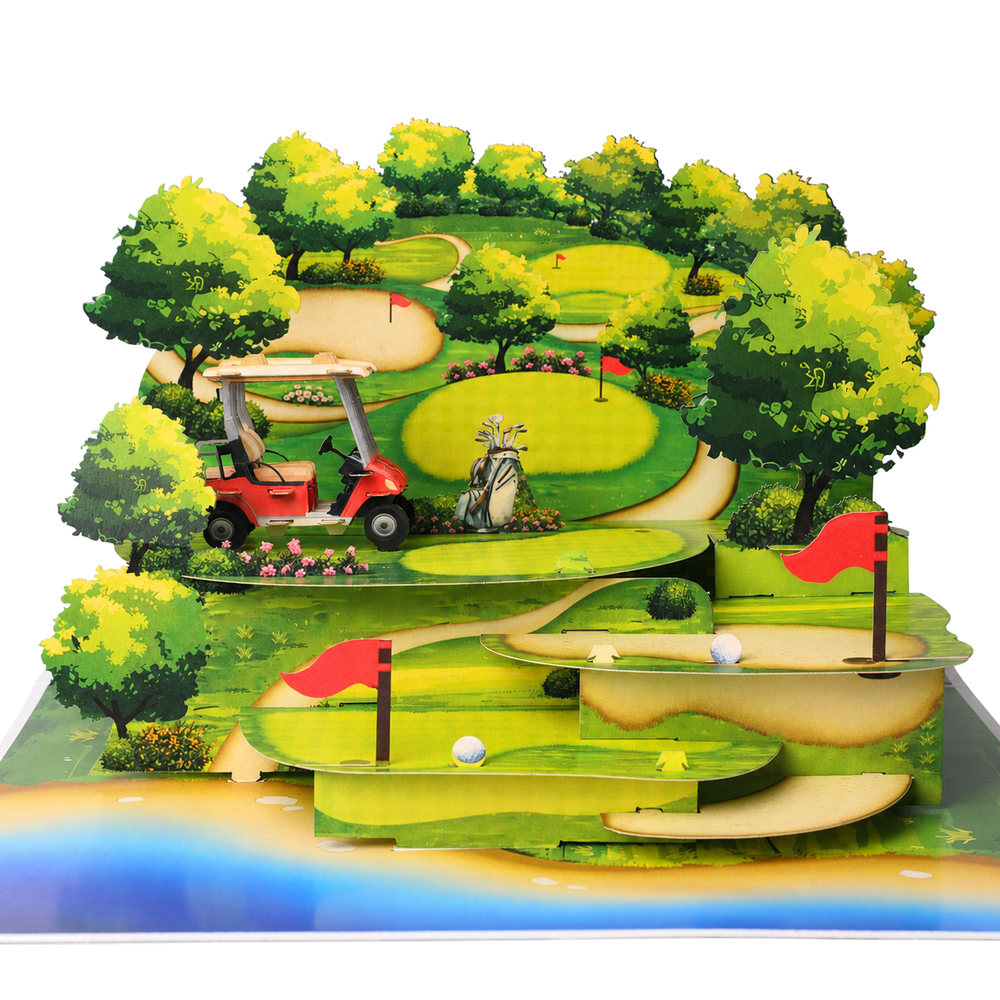Golf Course 3D Pop Up Card - Golf Cart, Bunkers, and Flagstick Design