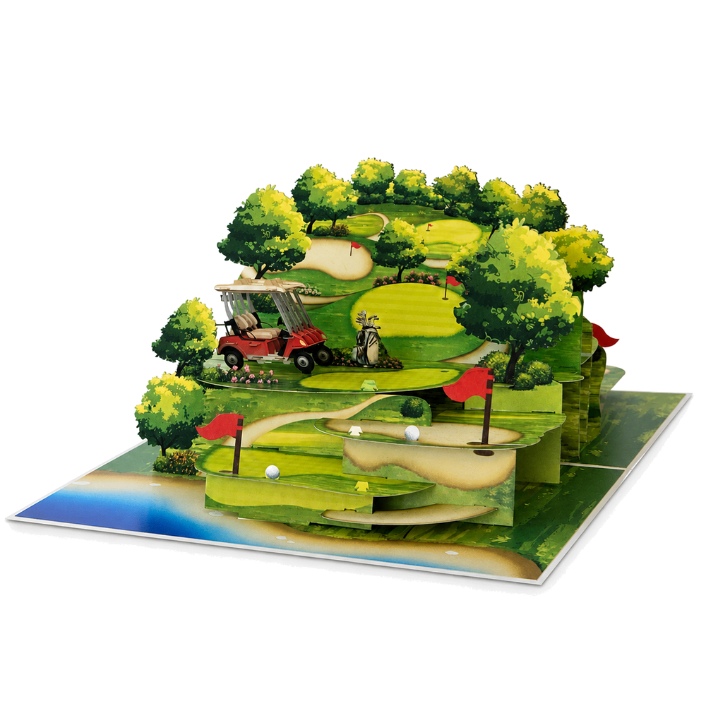 Golf Course 3D Pop Up Card - Golf Cart, Bunkers, and Flagstick Design