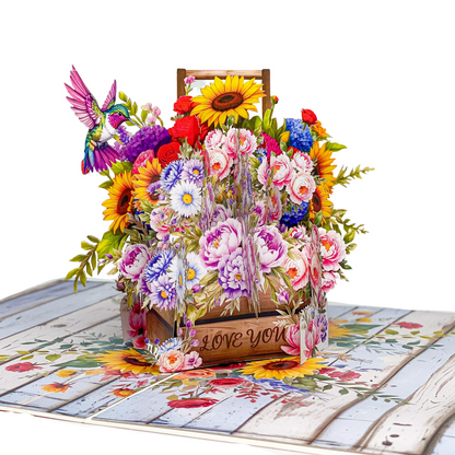 Floral Basket Pop Up Card 3D Rustic Wooden Flower Box with Sunflowers, Roses, and Hummingbird Heartfelt Mother's Day, Birthday, Thank You Greeting Card for Mom, Grandma, Wife, Her