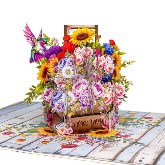 Floral Basket Pop Up Card 3D Rustic Wooden Flower Box with Sunflowers, Roses, and Hummingbird Heartfelt Mother's Day, Birthday, Thank You Greeting Card for Mom, Grandma, Wife, Her