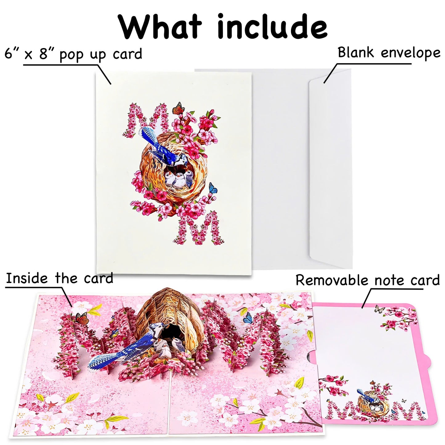 MOM Bird Nest Pop Up Card 3D Bluebird Feeding Nestlings Surrounded by Cherry Blossoms Beautiful Mother's Day, Birthday, Thank You Greeting Card for Mom, Grandma, Wife, or Her