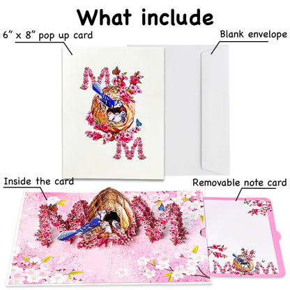 MOM Bird Nest Pop Up Card 3D Bluebird Feeding Nestlings Surrounded by Cherry Blossoms Beautiful Mother's Day, Birthday, Thank You Greeting Card for Mom, Grandma, Wife, or Her
