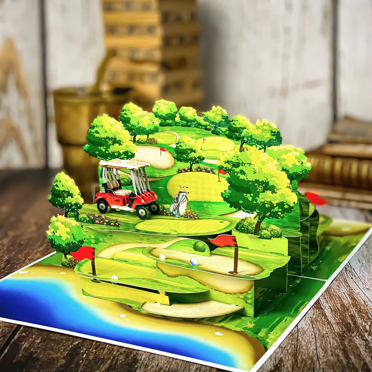 Pop Up Golf Card 3D Multi-Level Golf Course with Cart, Clubs, and Flags Perfect Father's Day, Birthday Greeting Card for Golfer Dad, Grandpa, Boss, Husband, Coach, or Country Club Fans