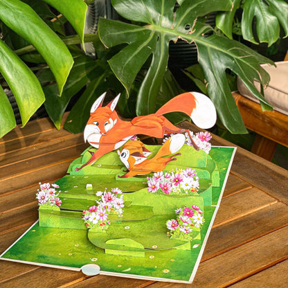 Fox Family Pop Up Card 3D Mother Fox Playing with Baby Foxes in Flower Meadow Wholesome Mother's Day, Birthday, Just Because Greeting Card for Mom, Wife, Her, Nature and Animal Lovers Visit the T4s Store