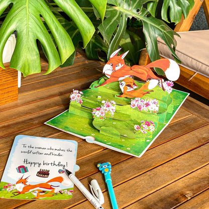 Fox Family Pop Up Card 3D Mother Fox Playing with Baby Foxes in Flower Meadow Wholesome Mother's Day, Birthday, Just Because Greeting Card for Mom, Wife, Her, Nature and Animal Lovers Visit the T4s Store