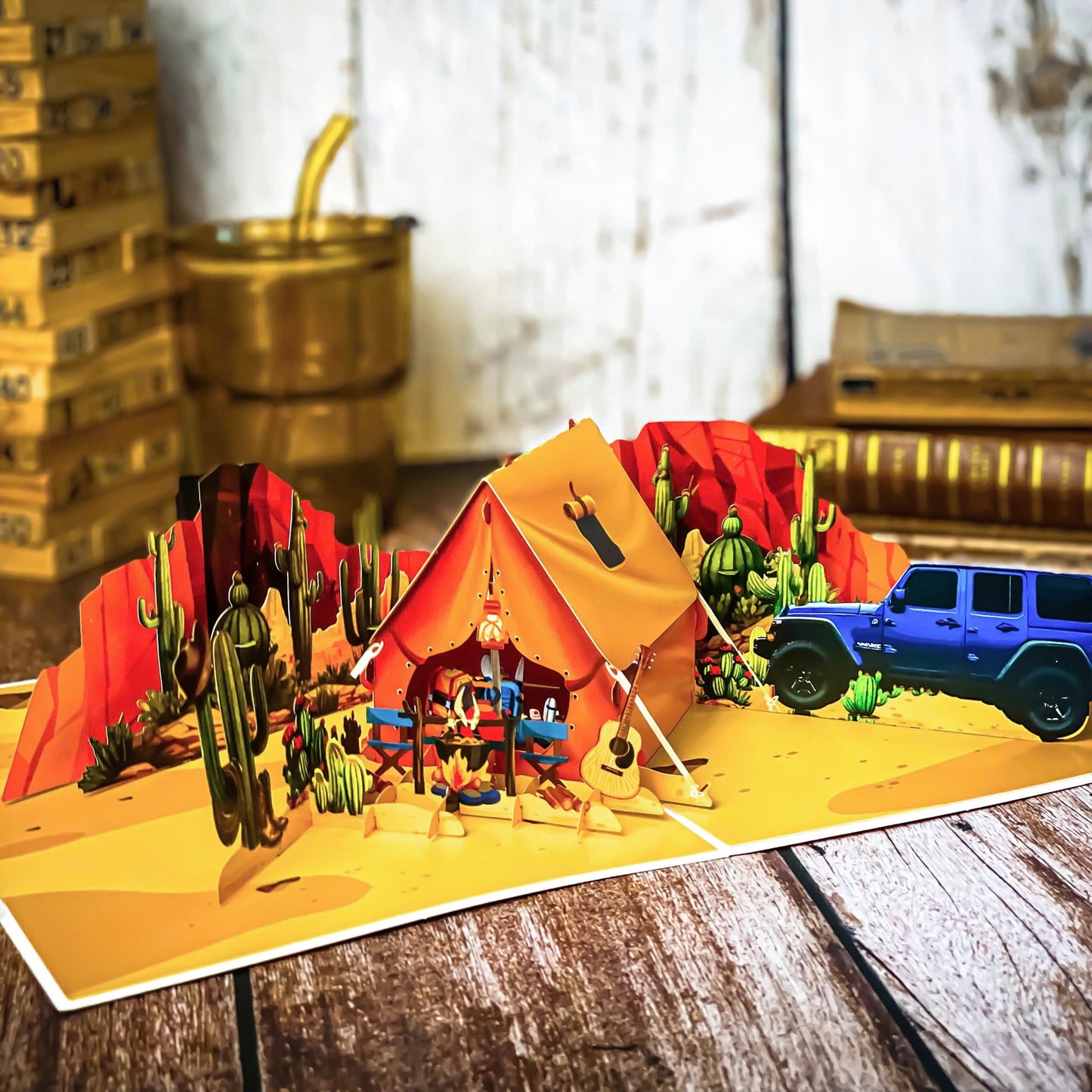 Pop Up Desert Camping Card 3D Jeep and Tent in Cactus Canyon Scene Fun Father's Day, Birthday Greeting Card for Dad, Outdoor Adventure Lovers, Off-Road Fans, Western Style Dads
