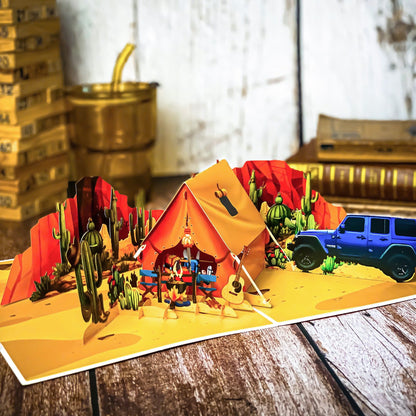 Pop Up Desert Camping Card 3D Jeep and Tent in Cactus Canyon Scene Fun Father's Day, Birthday Greeting Card for Dad, Outdoor Adventure Lovers, Off-Road Fans, Western Style Dads