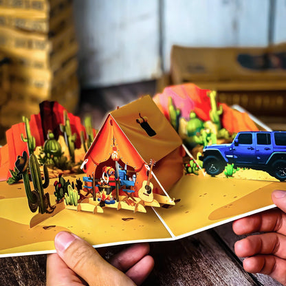 Pop Up Desert Camping Card 3D Jeep and Tent in Cactus Canyon Scene Fun Father's Day, Birthday Greeting Card for Dad, Outdoor Adventure Lovers, Off-Road Fans, Western Style Dads
