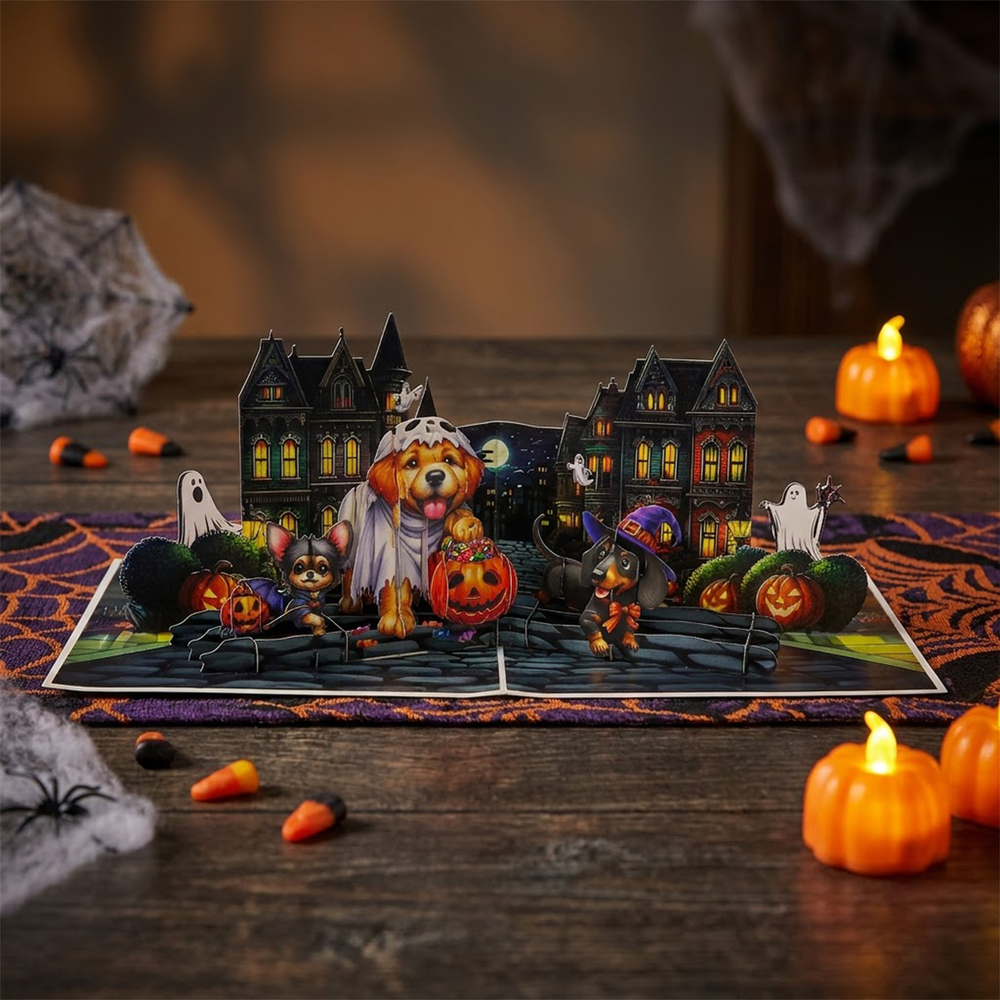 Halloween Dog Pop-Up Card – 3D Trick-or-Treat Greeting Card & Gift for Dog Lovers