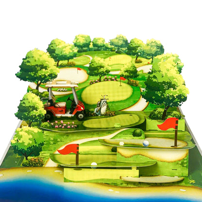 Pop Up Golf Card 3D Multi-Level Golf Course with Cart, Clubs, and Flags Perfect Father's Day, Birthday Greeting Card for Golfer Dad, Grandpa, Boss, Husband, Coach, or Country Club Fans