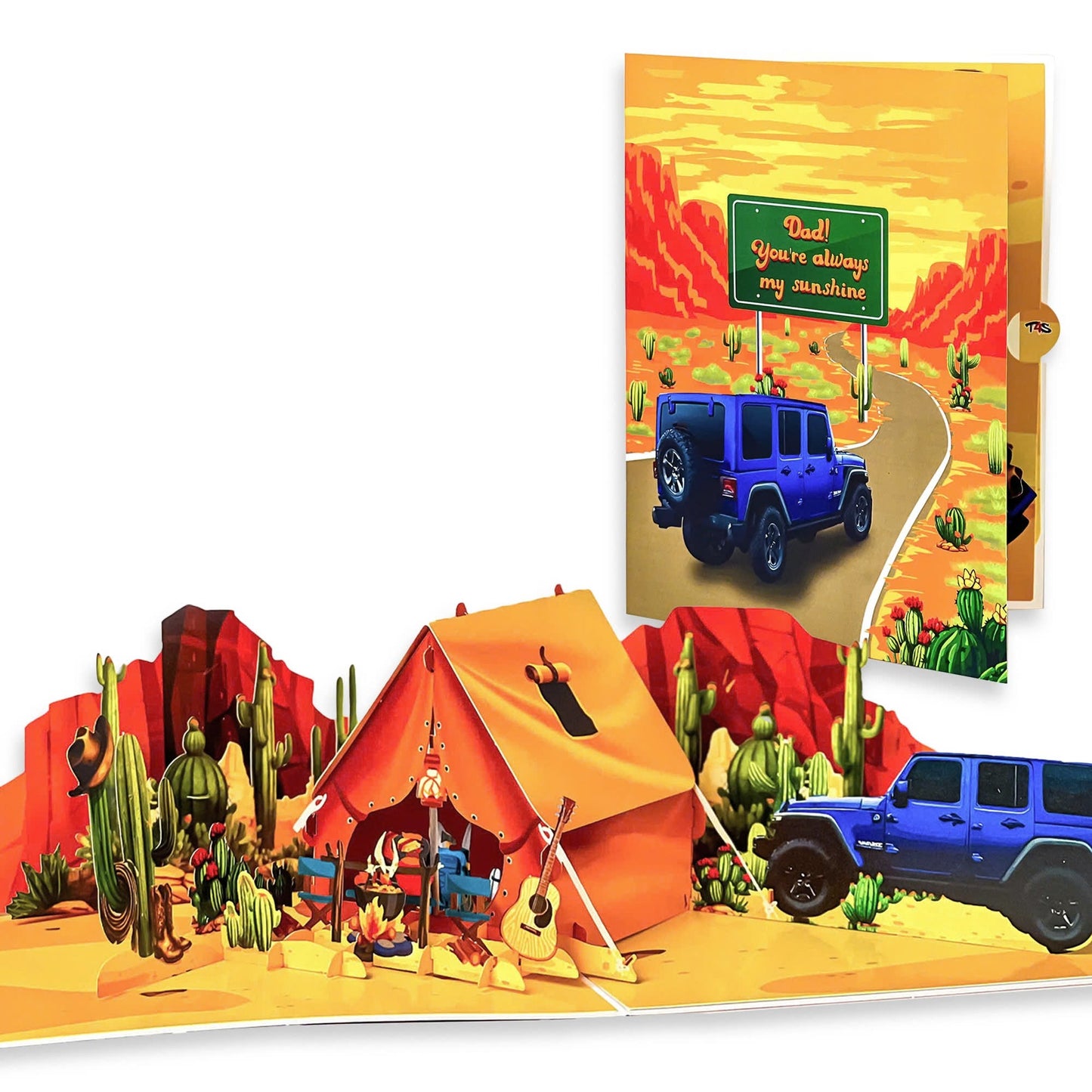 Pop Up Desert Camping Card 3D Jeep and Tent in Cactus Canyon Scene Fun Father's Day, Birthday Greeting Card for Dad, Outdoor Adventure Lovers, Off-Road Fans, Western Style Dads
