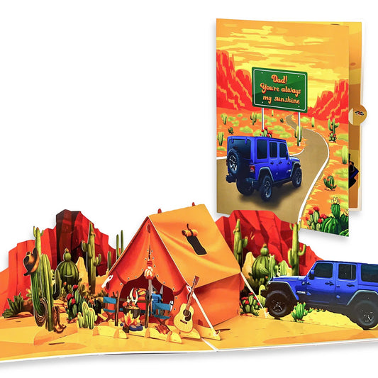 Pop Up Desert Camping Card 3D Jeep and Tent in Cactus Canyon Scene Fun Father's Day, Birthday Greeting Card for Dad, Outdoor Adventure Lovers, Off-Road Fans, Western Style Dads