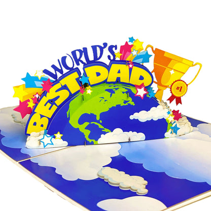 World's Best Dad Pop Up Card Colorful 3D Earth, Trophy, and Stars Design Fun Father's Day, Birthday Greeting Card for Dad, Stepdad, Grandpa, Kids to Father Gift, Appreciation or Celebration