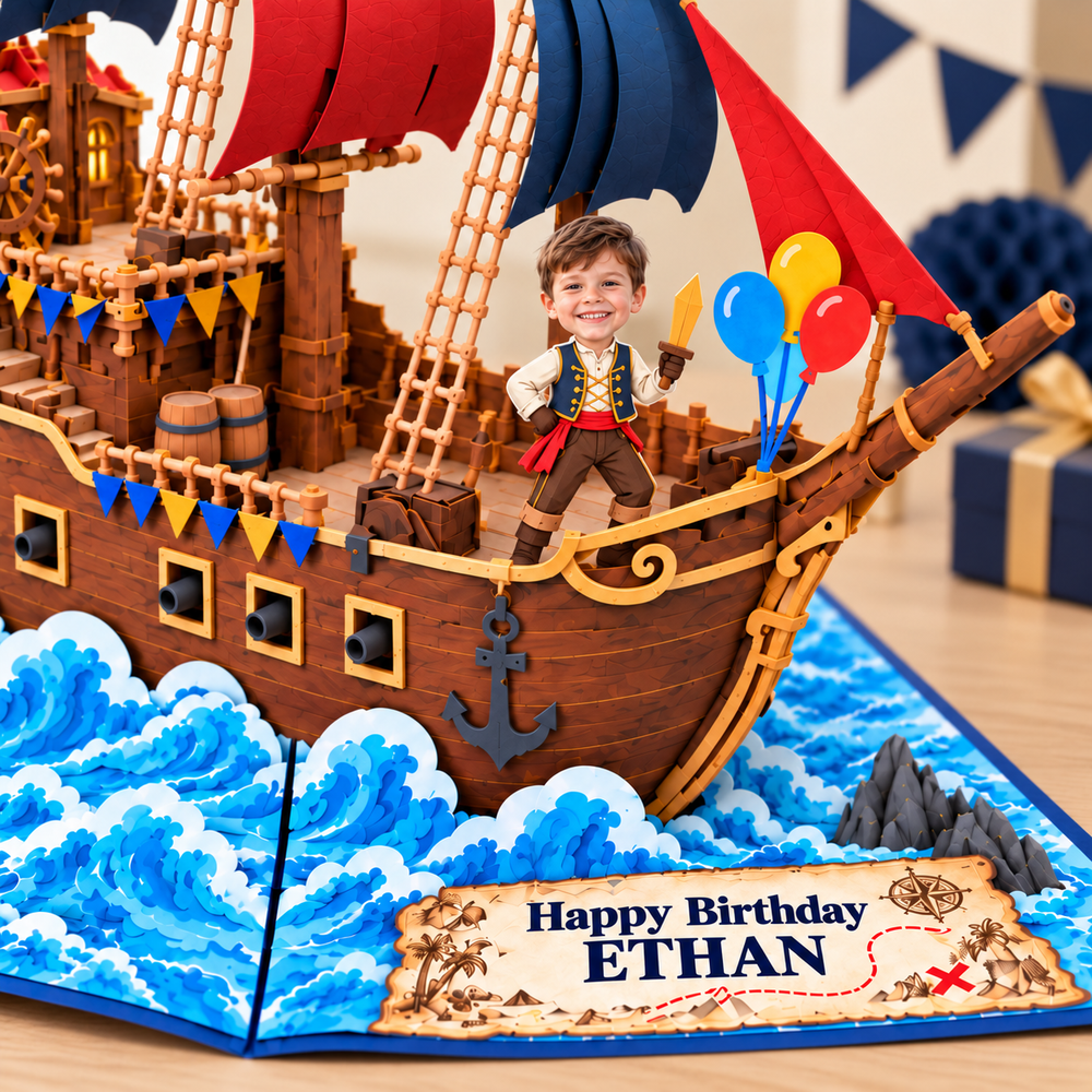 Personalized Little Sailor Ship Birthday Pop-Up Card for Kids/Grandkids - 3D Custom Greeting Card & Unique Birthday Gift
