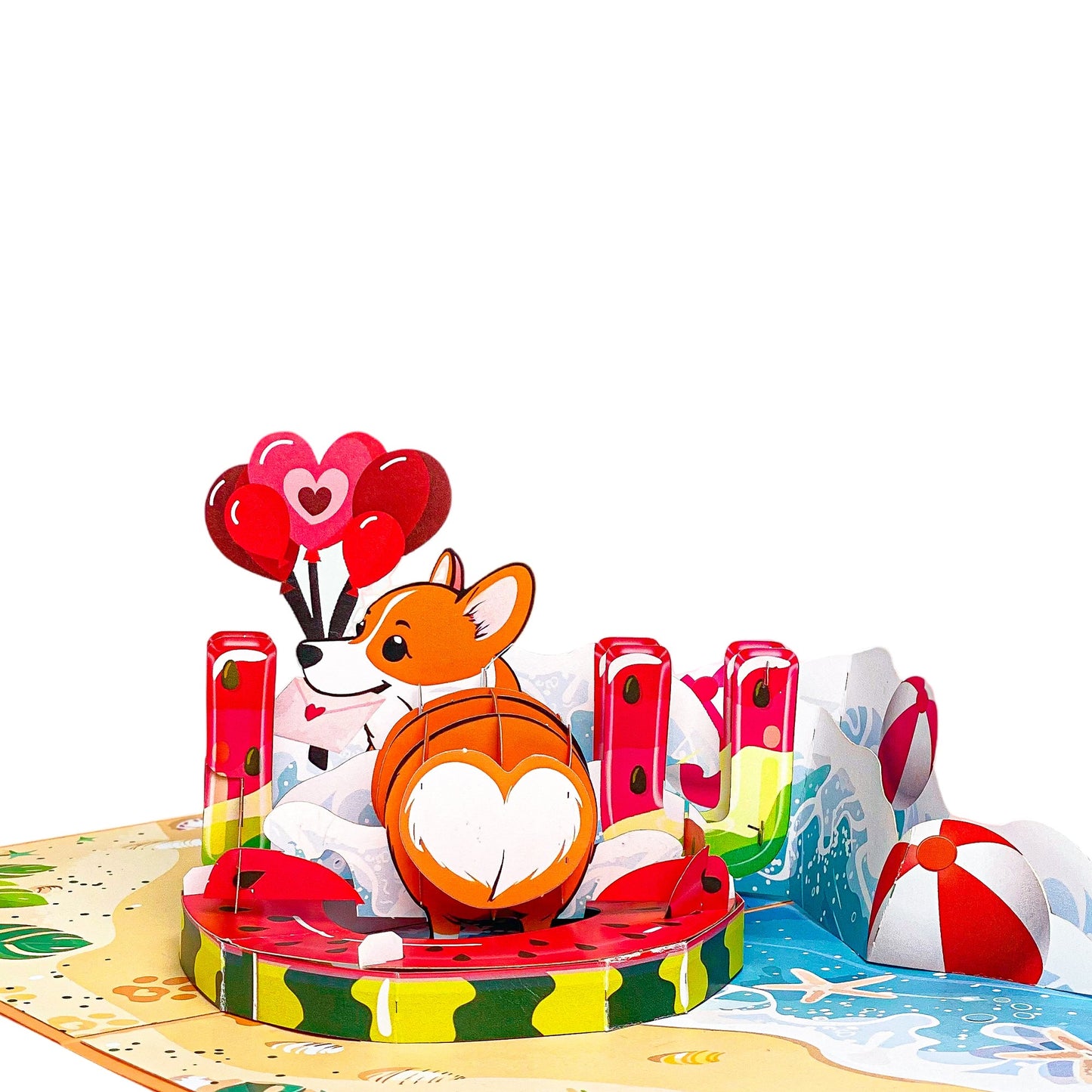 Corgi Beach Pop Up Card Funny 3D Dog in Heart Floatie with Balloons and Waves Cute Birthday, Valentine, Just Because Greeting Card for Dog Lovers, Her, Girlfriend, Kids, Animal Fans