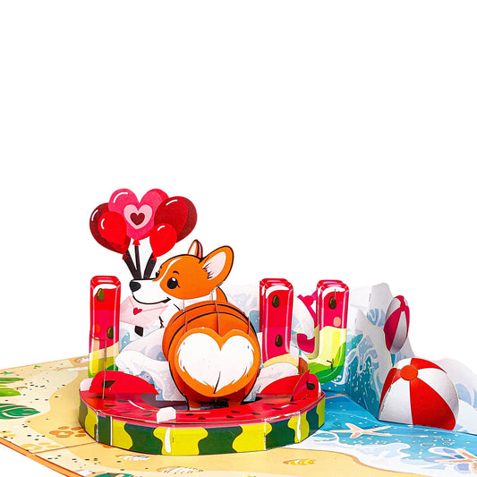 Corgi Beach Pop Up Card Funny 3D Dog in Heart Floatie with Balloons and Waves Cute Birthday, Valentine, Just Because Greeting Card for Dog Lovers, Her, Girlfriend, Kids, Animal Fans