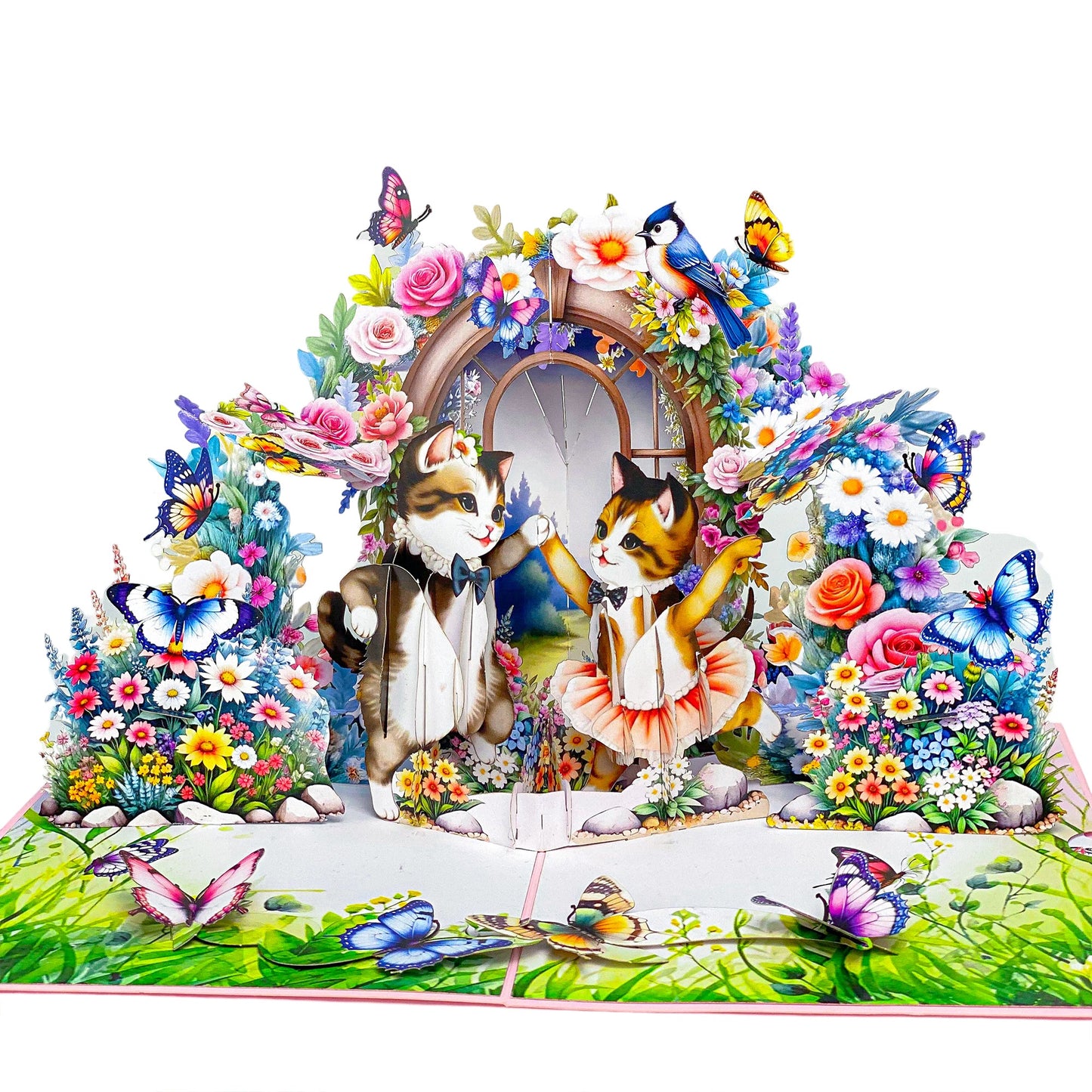 Dancing Cats Pop Up Card 3D Ballerina Kittens in Magical Garden with Flowers and Butterflies Whimsical Birthday, Valentine, or Just Because Greeting Card for Her, Cat Lovers, Kids