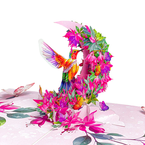 Hummingbird 3D Pop Up Card - Colorful Bird with Crescent Floral Ring and Lotus Flowers