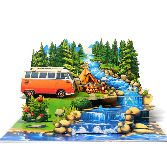 Camping Adventure 3D Pop Up Card - Camper Van by a Mountain River