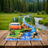 Camping Adventure 3D Pop Up Card - Camper Van by a Mountain River